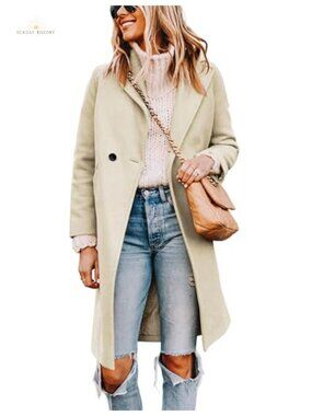 Wool Blend Pea Coat Long Sleeve Knee Length Notched Lapel Button Winter